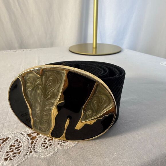 Vintage Nan Lewis Black & Gold Sculptural Enamel Buckle Belt | 1980s Modernist S main image 9